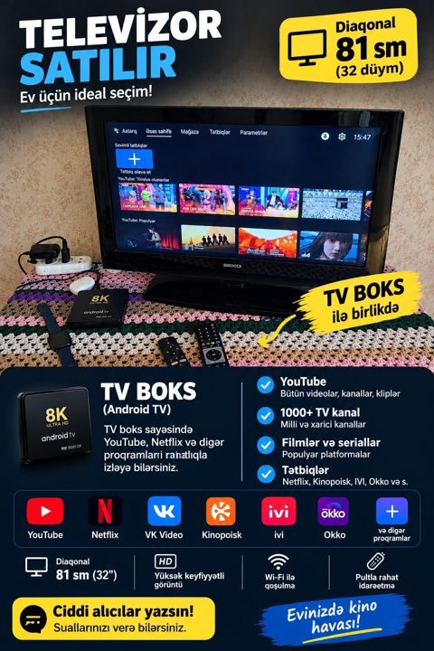 Televizor + TV boks (Android TV) paketi - Ekran diaqonalı: 81 sm (32 — Bakı