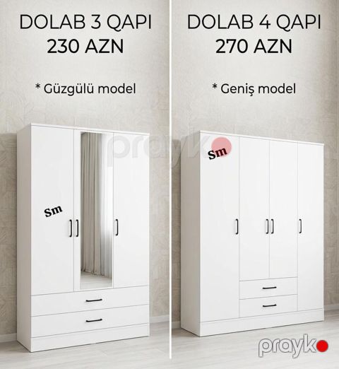 Ağ rəngdə müasir şkaf modelləri: - Dolab 3 qapı – 230 AZN Güzgülü