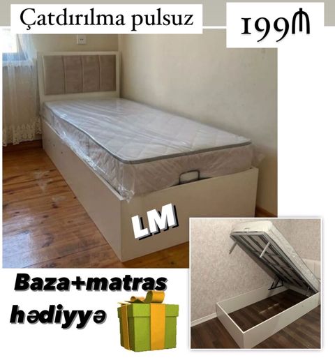 Tək nəfərlik baza çarpayı dəsti - Rəng: ağ - Başlıq hissəli dizayn — Bakı