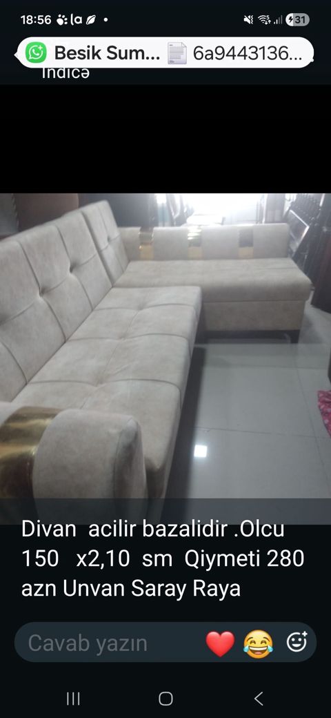 Künc divan – açılır və bazalı model. - Ölçü: 150 x 210 sm - Rəng: açıq — Sumqayıt