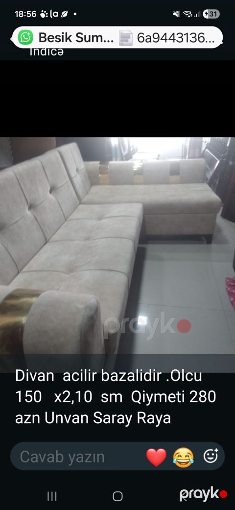 Künc divan – açılır və bazalı model. - Ölçü: 150 x 210 sm - Rəng: açıq
