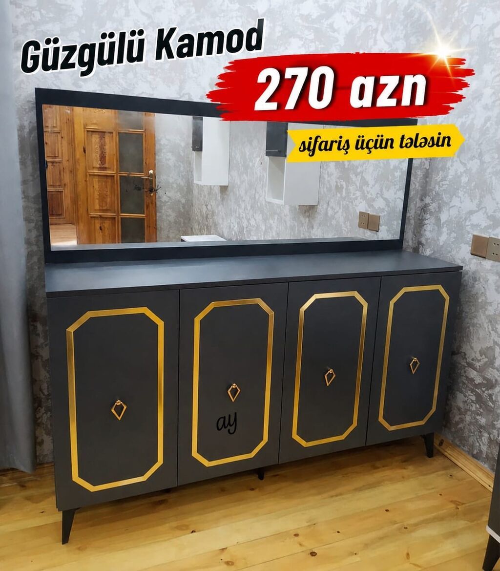 Güzgülü kamod - Rəng: tünd boz korpus, qızılı dekorativ haşiyələr və — Mebel, Bakı