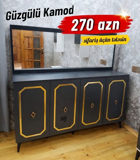 Güzgülü kamod - Rəng: tünd boz korpus, qızılı dekorativ haşiyələr və — Bakı