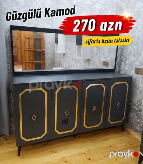 Güzgülü kamod - Rəng: tünd boz korpus, qızılı dekorativ çərçivələr və — Bakı