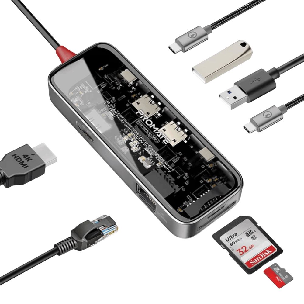 USB Hub Promate Transparent Ultra 8in1 Transhub-mını Black, Grey — Kompüterlər və noutbuklar, Bakı (2)