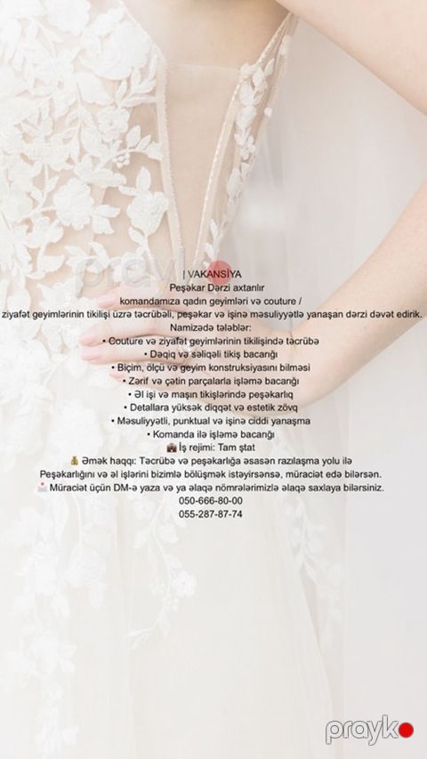 Vakansiya: Peşəkar Dərzi Qadın geyimləri, couture və ziyafət — Bakı