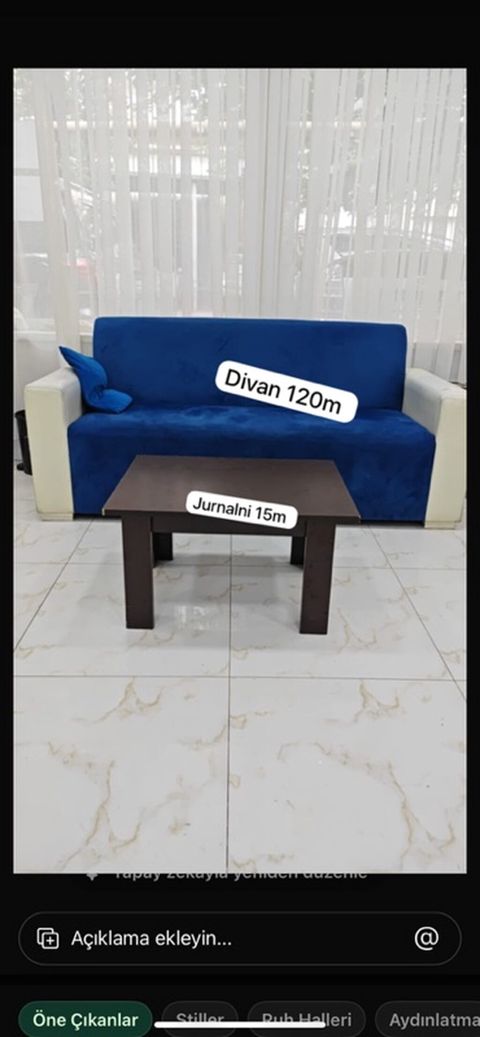 Mavi rəngli 3 nəfərlik divan və qəhvə/jurnal masası dəsti. Divan — Bakı