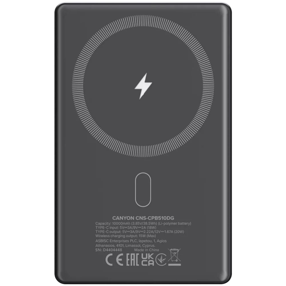 Power Bank Canyon OnPower 510 Slim Magsafe 10000 mAh Dark Grey PD20W — Powerbank-lər, Bakı (2)