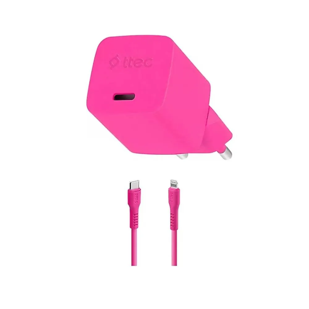 Adapter Ttec SmartCharger GAN 20W PD Travel Fast Charger + Usb-c - Lightning Cable 120cm, Neon Pink (2SCG20LNP) — Bakı