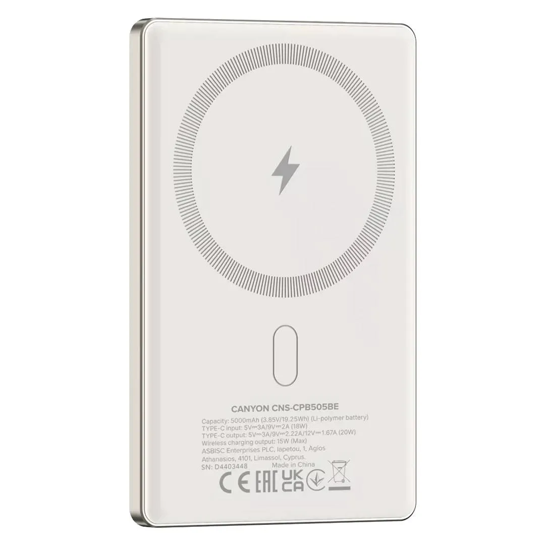 Simsiz Power Bank Canyon OnPower 505 slim Magnetic, 5000 mAh, PD20W, Beige (CNS-CPB505DG) — Bakı