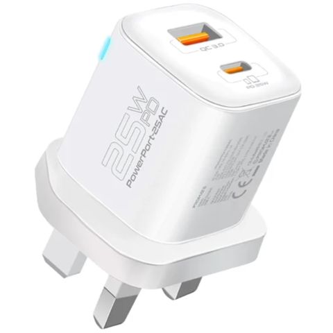 Adapter Promate Power Delivery 25W Dual Port USB Type-C, USB Type-A PowerPort-25AC White — Bakı