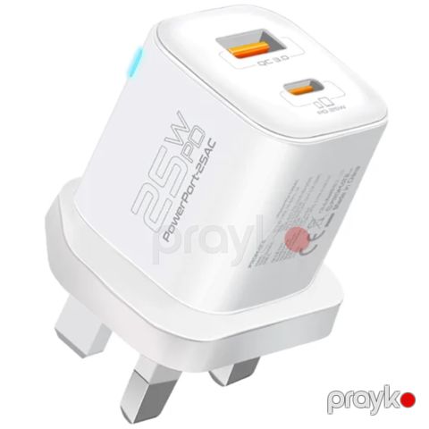 Adapter Promate Power Delivery 25W Dual Port USB Type-C, USB Type-A PowerPort-25AC White — Bakı