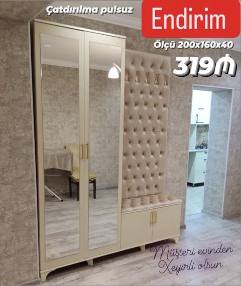 Dəhliz üçün güzgülü dolab və puflu askı paneli dəsti - Ölçü — Bakı