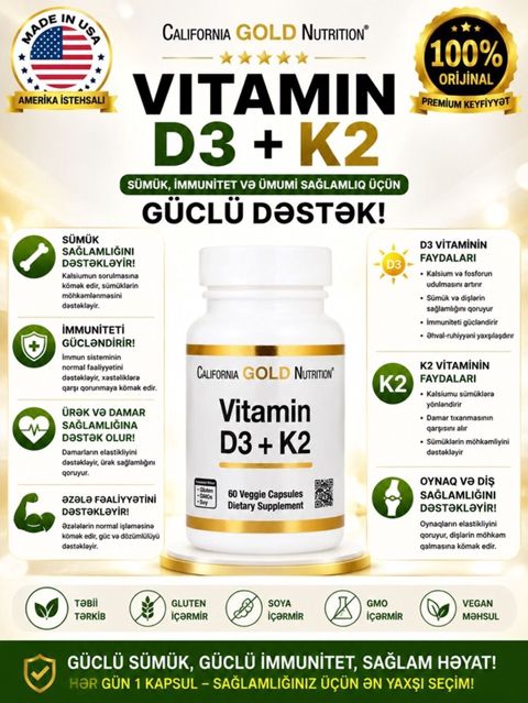 California Gold Nutrition Vitamin D3 + K2 – sümük, immunitet və ümumi — Gəncə