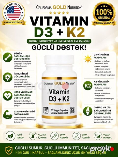 California Gold Nutrition Vitamin D3 + K2 – sümük, immunitet və ümumi — Gəncə