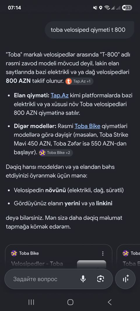 Təsvir: “Toba” markalı velosipedlər barədə məlumat sorğusu ekran — Digah