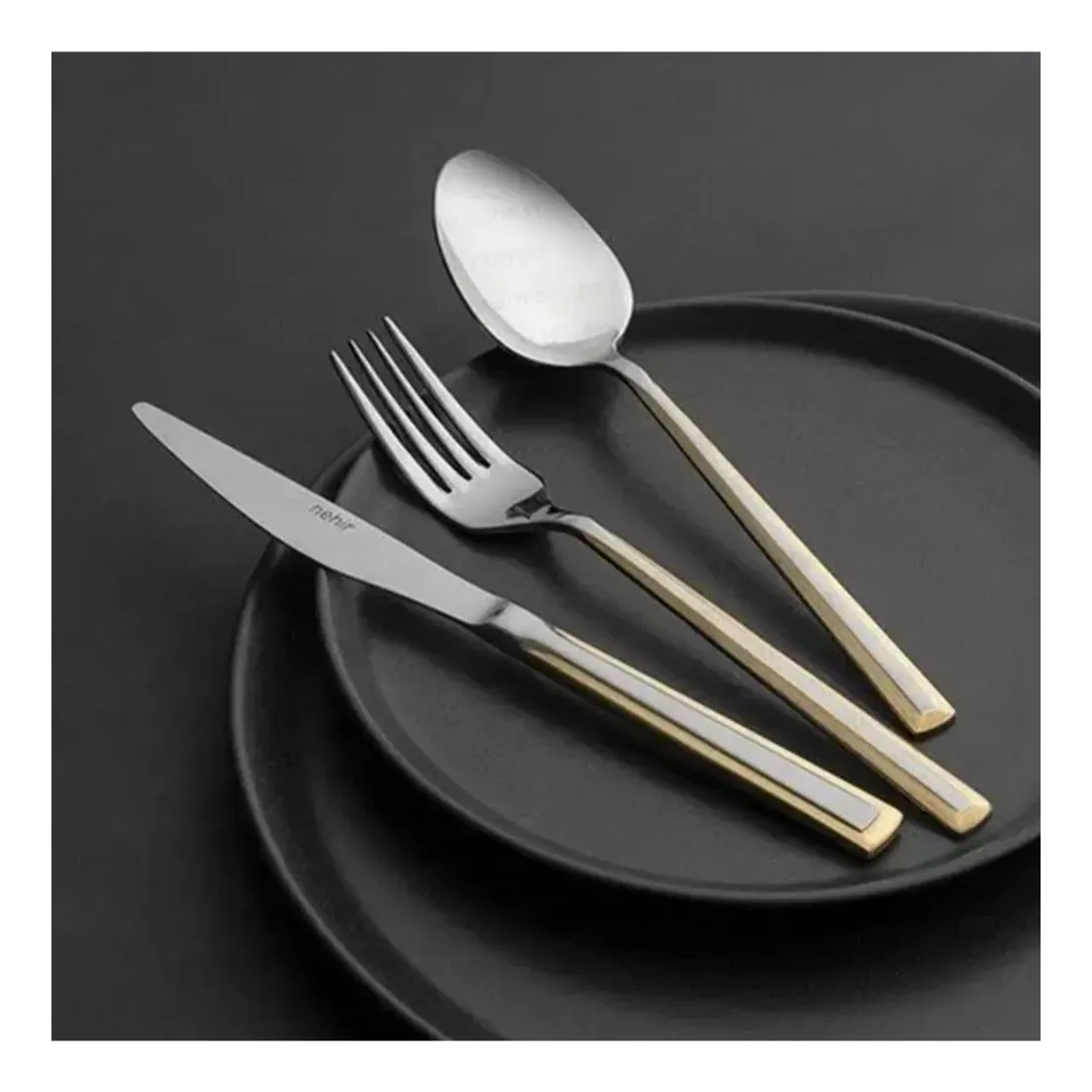 Çəngəl bıçaq dəsti Nehir Milano, Cardboard Boxed Gold Mirror, 24 parça / 6 nəfərlik (72247) — Bakı