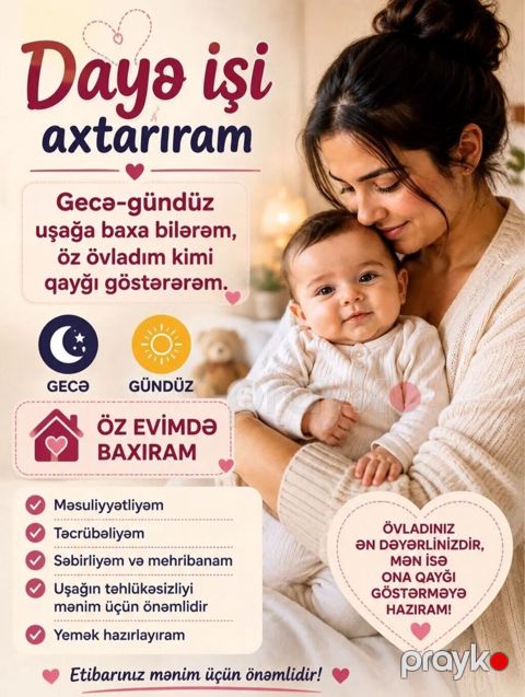 Daya xidməti Gecə-gündüz uşaq baxımı təklif edirəm, öz övladım kimi