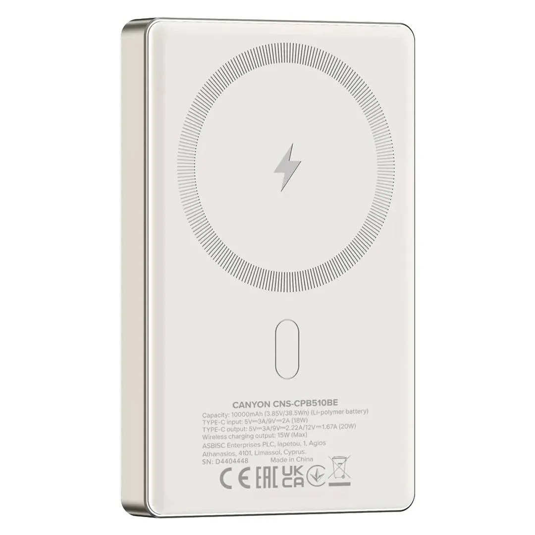 Simsiz Power Bank Canyon OnPower 510 slim Magnetic, 10000 mAh, PD20W, Beige (CNS-CPB510BE) — Smart home