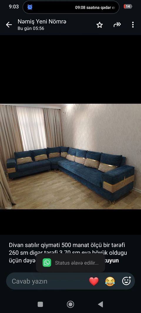 Divan satılır qiyməti 500 manat ölçü bir tərəfi 260 sm digər tərəfi — Bakı