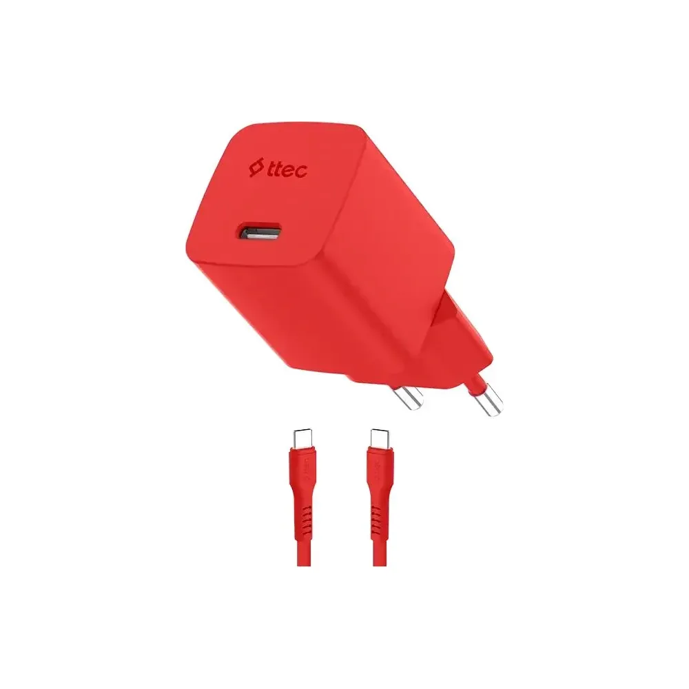 Adapter Ttec SmartCharger GaN 45W PD, Usb-c – Usb-c 3A Cable, Neon Red (2SCG45CNK) — Bakı