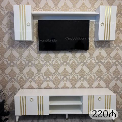 Ağ rəngli TV stendi və divar dolabı dəsti - Kompozisiya: aşağı TV — Bakı