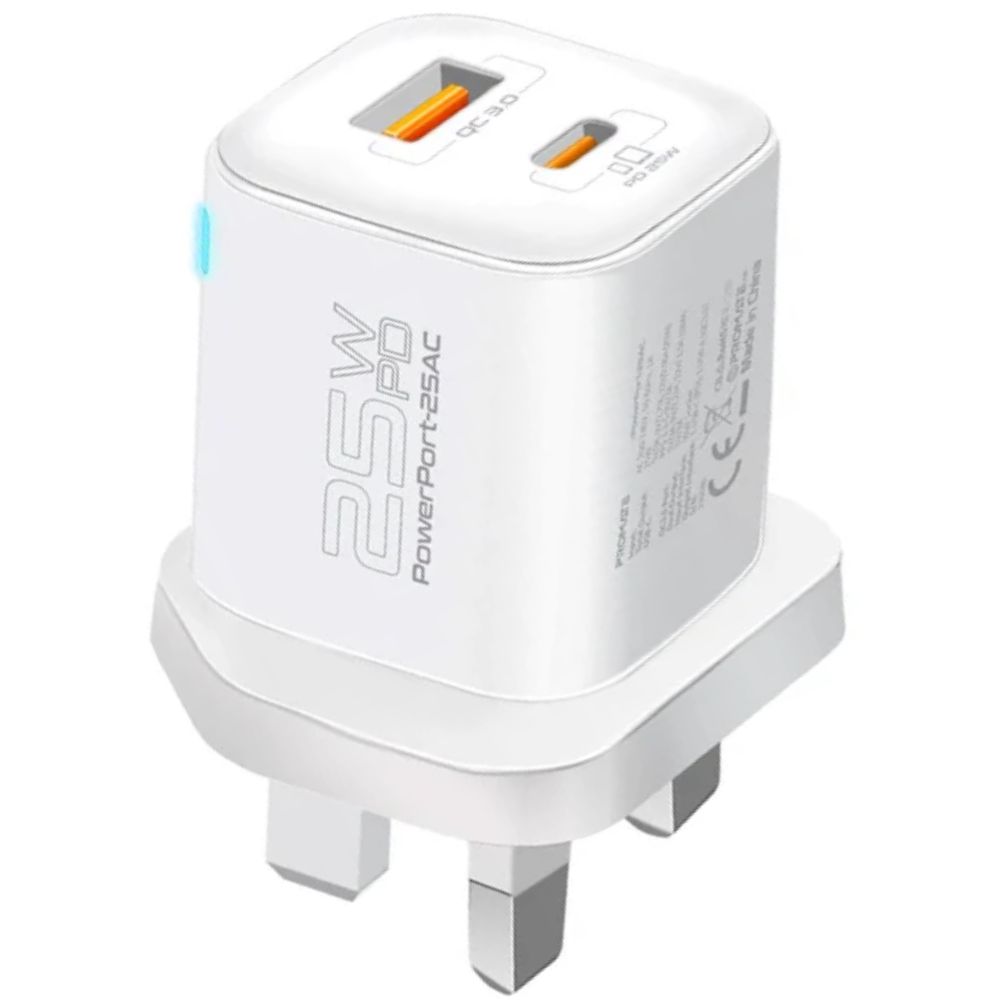 Adapter Promate Power Delivery 25W Dual Port USB Type-C, USB Type-A PowerPort-25AC White — Mallar, Bakı (2)
