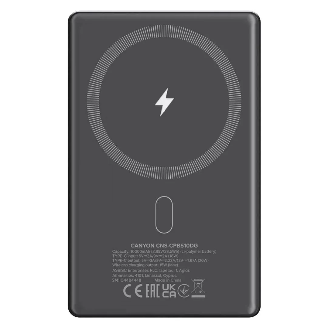 Simsiz Power Bank Canyon OnPower 510 slim Magnetic, 10000 mAh, PD20W, Dark Grey (CNS-CPB510DG) — Smart home