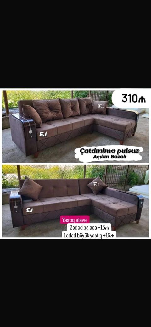 L‑şəkilli yumşaq künc divan - Açılan, bazalı model: alt hissədə geniş — Bakı