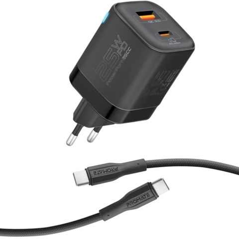 Adapter Promate 25W USB Type-C, USB Type-A with 60W Cable PowerPort-25CC Black — Bakı
