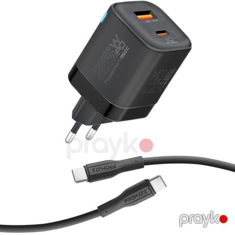 Adapter Promate 25W USB Type-C, USB Type-A with 60W Cable PowerPort-25CC Black — Bakı