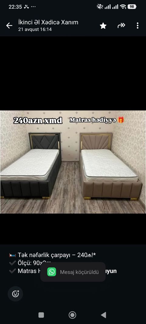 Tək nəfərlik çarpayı – 240₼ Ölçü: 90x2m Matras Hədiyyə — Aişə Xanım — Кровати