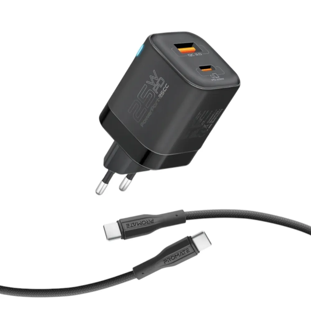 Adapter Promate 25W Dual Port Combo with 60W Fast Charging Usb-c Cable PowerPort-25CC, Black — Ağıllı ev