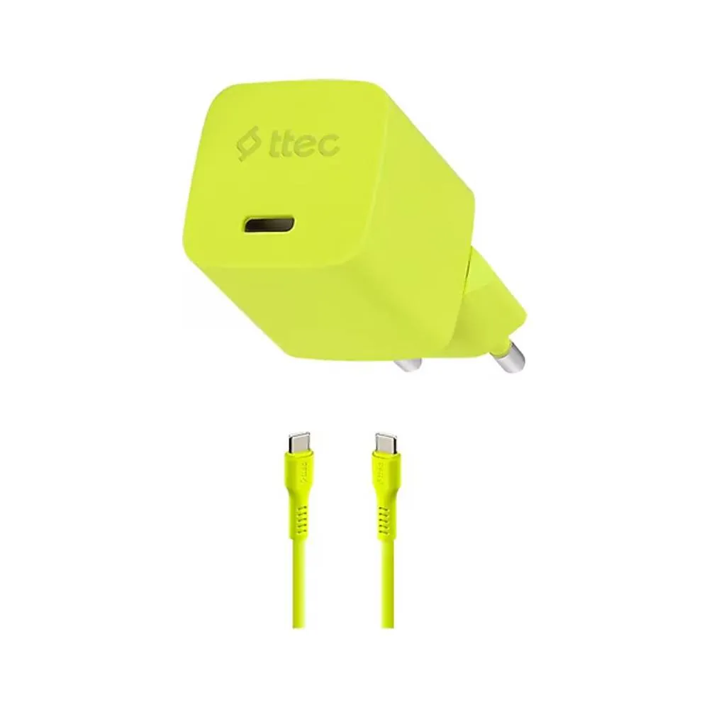 Adapter Ttec SmartCharger GAN 20W PD Travel Fast Charger + Usb-c - Usb-c 3A Cable 120cm, Neon Yellow (2SCG20CNS) — Ağıllı ev