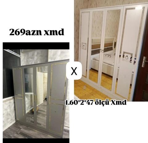 Güzgülü paltar şkafı - Model: 4 qapılı, mərkəzdə tam boy güzgülər — Bakı