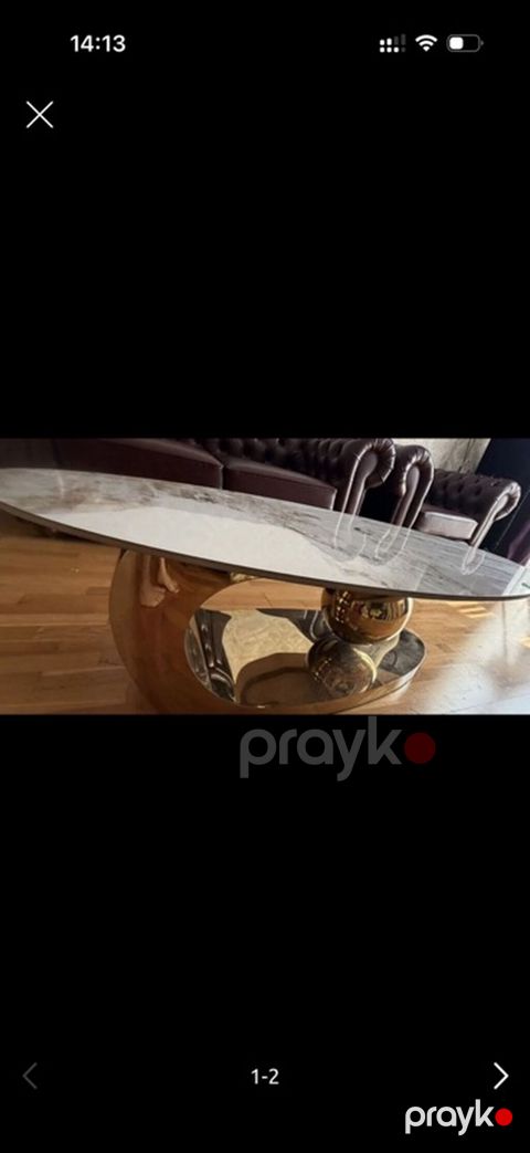 Oval formalı mərmər üstlü salon masası - Üst hissə: ağ fonlu, təbii — Bakı
