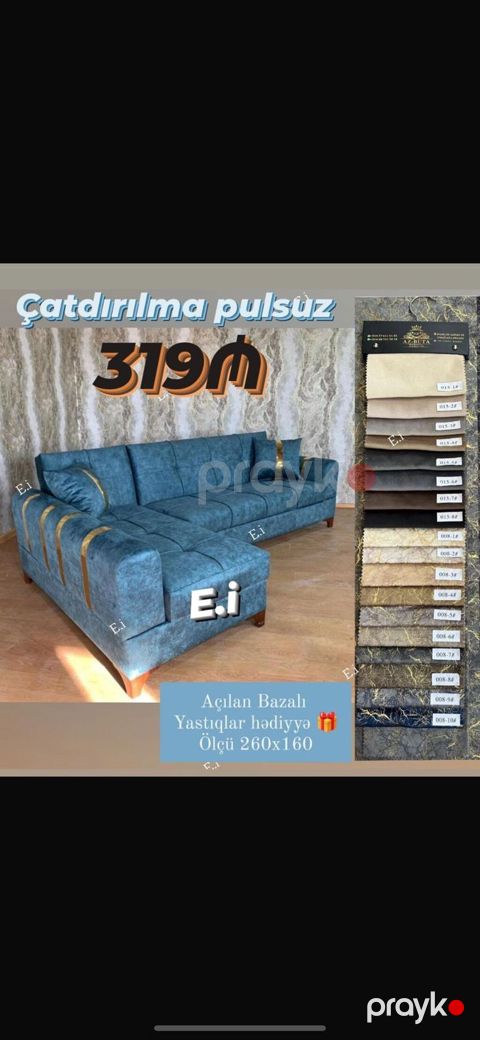 Künc divan dəsti – açılan bazalı model - Ölçü: 260x160 sm