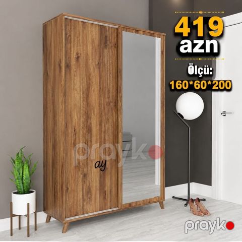 Mebel dolabı – sürgülü qapılı, böyük güzgülü model. Ölçü: 160×60×200 — Digah
