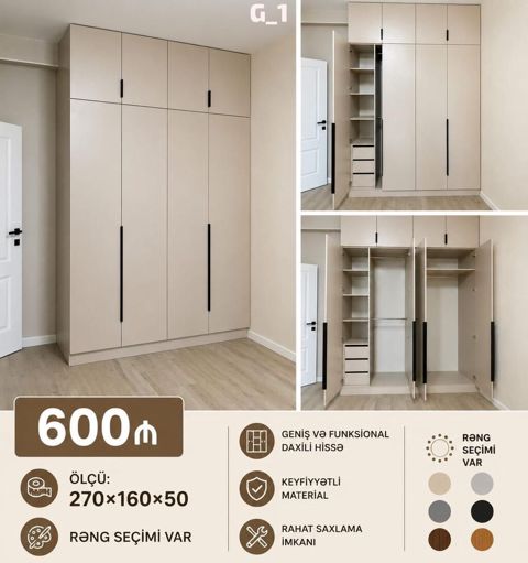 Məhsul: Quraşdırılan geyim şkafı (model G_1) Ölçü: 270 160 50 sm — Bakı