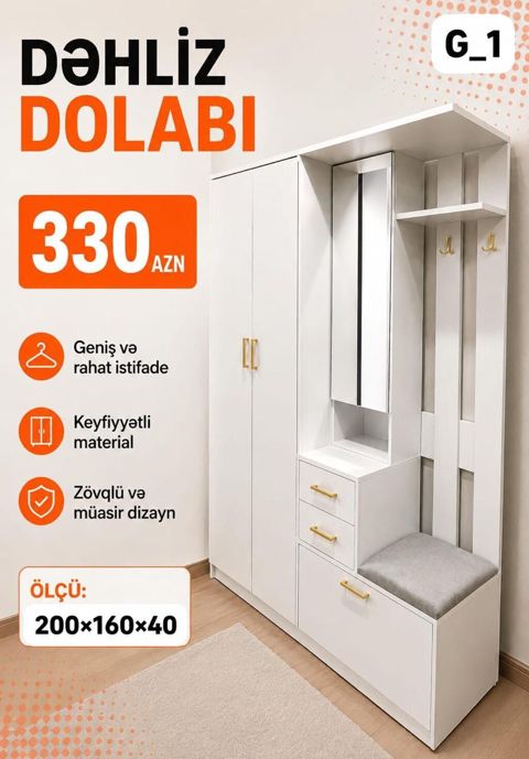 Dəhliz dolabı – model G_1 - Qiymət: 330 AZN - Ölçü: 200 160 40 sm — Bakı