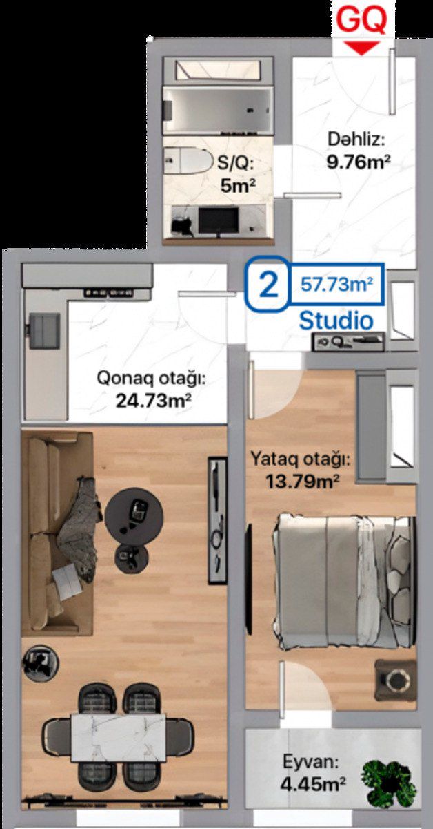 2-otaqlı yeni tikili, Xırdalan ş., 57.73 m² — Mənzil, Xırdalan (3)