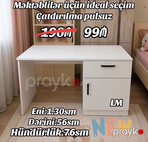 Məktəblilər üçün ideal yazı masası - Rəng: ağ - Sağ tərəfdə 1 böyük