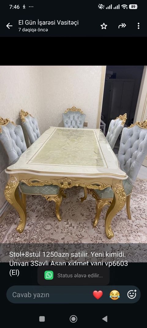 Stol+8stul 1250azn satilir. Yeni kimidi. Ünvan 3Sayli Asan xidmet yani