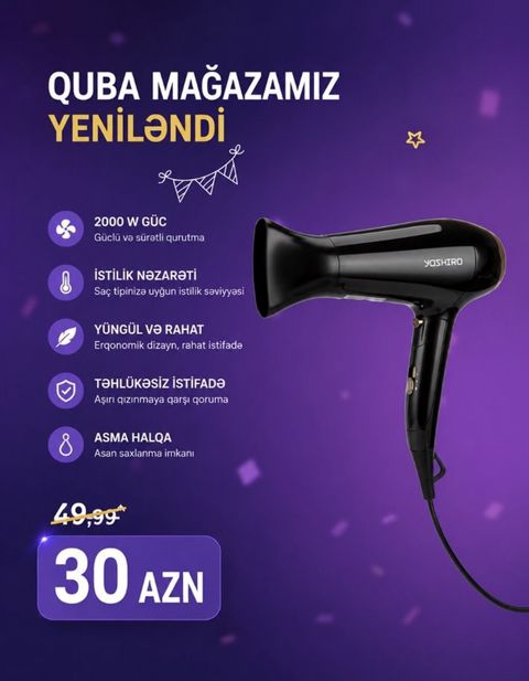 Yoshiro saç feni - Güc: 2000 W – güclü və sürətli qurutma - İstilik — Bakı
