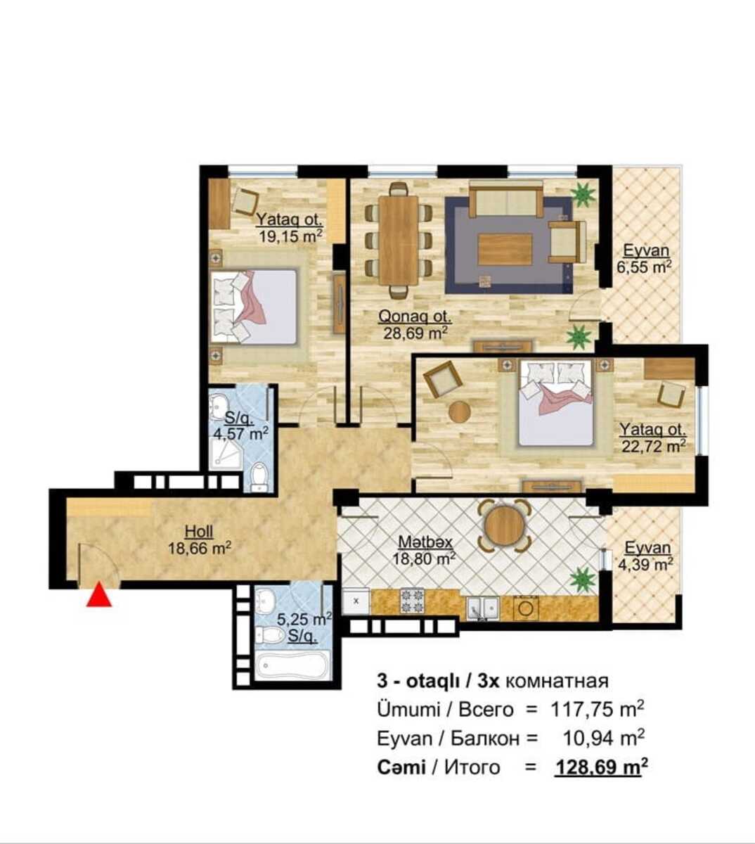 Satılır 3 otaqlı yeni tikili 129 m² — Mənzil, Bakı (2)