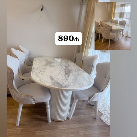 Masa dəsti satılır 890₼. 8 oturcağı var. Üzəri tökmə mərmərdir. Ünvan — Bakı