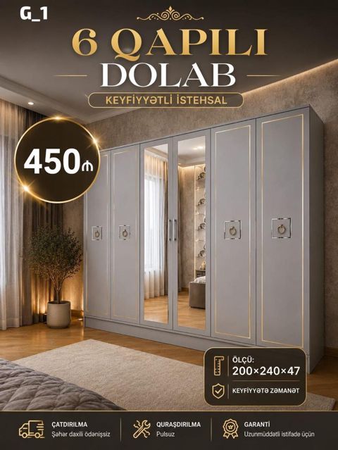 6 qapılı dolab – keyfiyyətli istehsal - Ölçü: 200 240 47 sm — Bakı