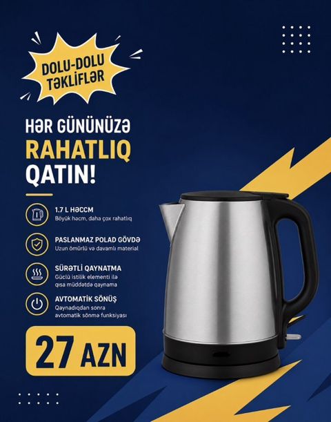 Elektrik çaydan – 1.7 L həcm - Paslanmayan polad gövdə: davamlı və — Bakı