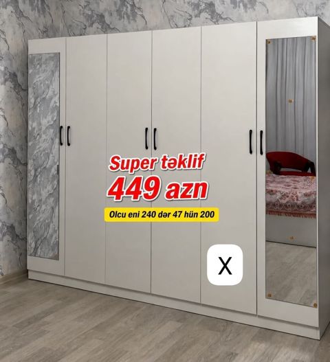 Geniş tutumlu 5 qapılı paltar şkafı - Ölçü: eni 240 sm, dərinlik 47 — Bakı