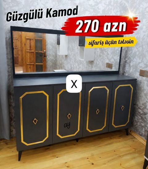Güzgülü kamod - Rəng: tünd boz korpus, qızılı dekorativ çərçivələr və — Bakı